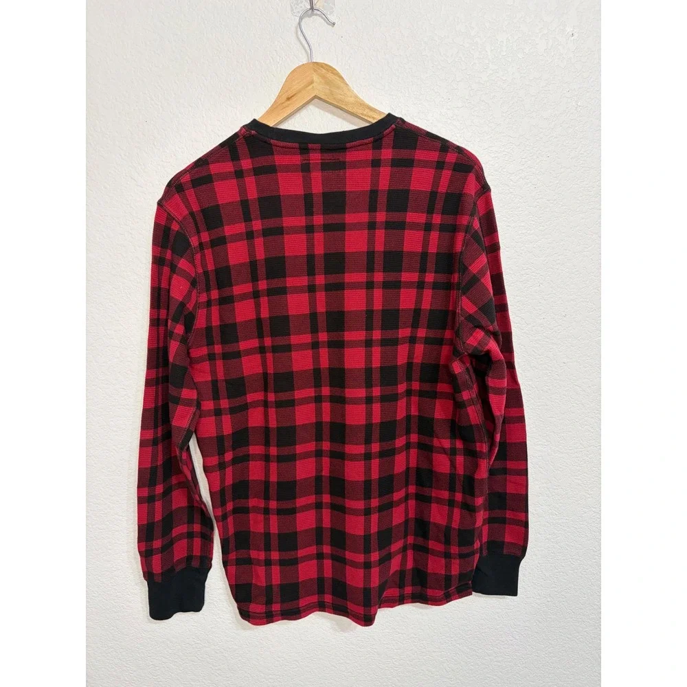 Polo Ralph Lauren Mens Red Black Buffalo Plaid Waffle‎ Knit Thermal Shirt Medium